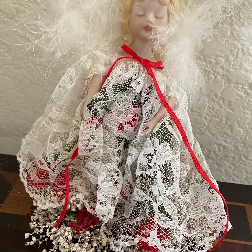 VTG Angel Feather Wings Porcelain Face Ornament Lace Dress Roses Baby Breath 8”L